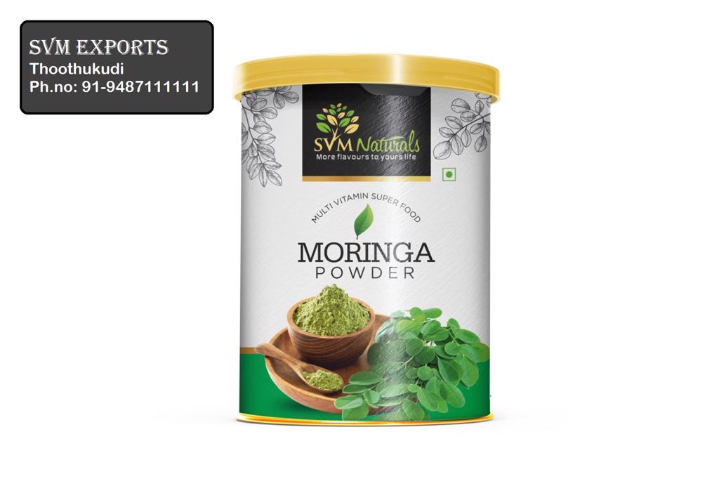 Product image - Our SVM Exports Moringa leaves are carefully washed and dried at low temperature and then powdered.  We maintain the  level of temperature on the process of Drying and powdering  process to retain the  colour and Nutritive values of Powder.   The leaf powder is rich in vitamins, phyto nutrients, antioxidants, amino acids and is easily soluble in water. 
Botanical name:Moringa Oleifera                                 